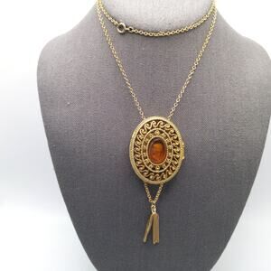 Glass Cameo Perfume Locket Necklace, 30" Chain, 1960s Vintage Jewelry
